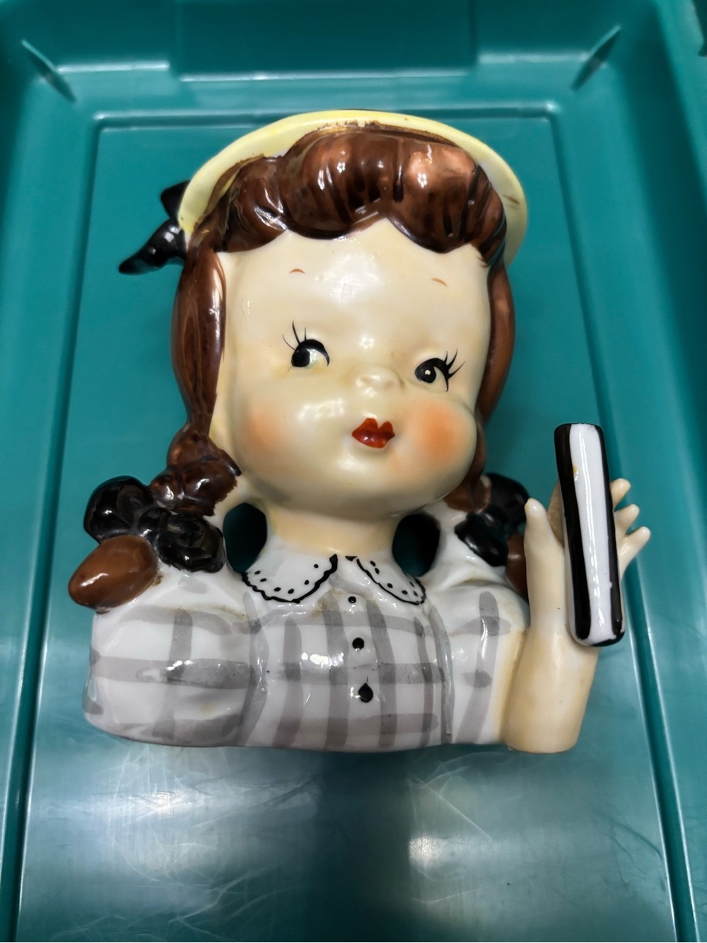 Napco Ceramic Girl vase in Gray/Cream check, Brown hair.